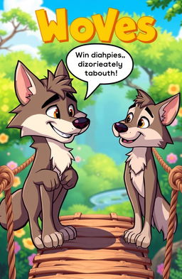 A vibrant cartoon scene featuring two cartoon wolves standing on a rope bridge