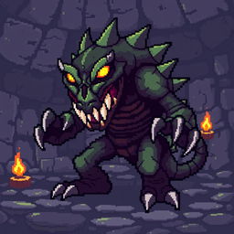 A pixel art design featuring a dungeon-themed video game monster
