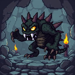 A pixel art design featuring a dungeon-themed video game monster