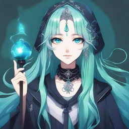 Generate a semi-realistic anime-style image of a human woman with long, cyan hair and water-green eyes, dressed in gothic fashion, who is a wizard