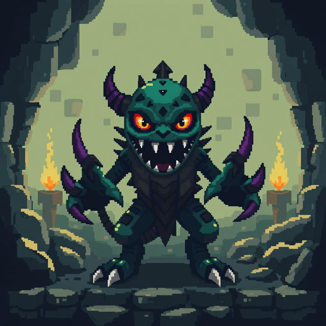 A pixel art design featuring a dungeon-themed video game monster