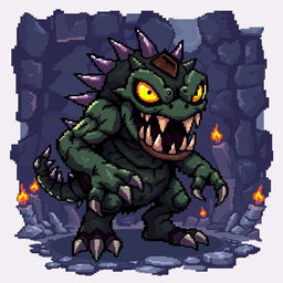 A pixel art design featuring a dungeon-themed video game monster