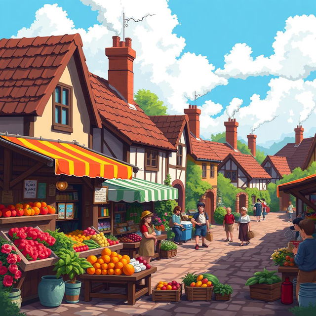 A detailed pixel art scene displaying a quaint village market, featuring small stalls with colorful awnings, fruits and vegetables on display, and friendly villagers interacting