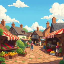 A detailed pixel art scene displaying a quaint village market, featuring small stalls with colorful awnings, fruits and vegetables on display, and friendly villagers interacting