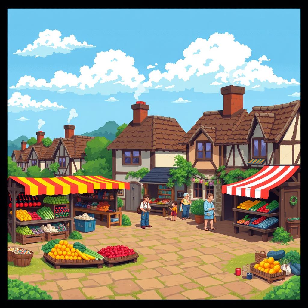 A detailed pixel art scene displaying a quaint village market, featuring small stalls with colorful awnings, fruits and vegetables on display, and friendly villagers interacting