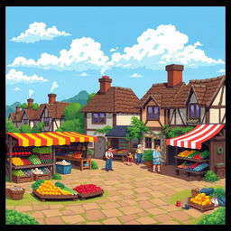 A detailed pixel art scene displaying a quaint village market, featuring small stalls with colorful awnings, fruits and vegetables on display, and friendly villagers interacting