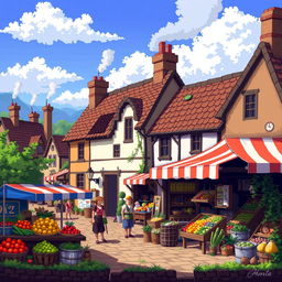A detailed pixel art scene displaying a quaint village market, featuring small stalls with colorful awnings, fruits and vegetables on display, and friendly villagers interacting