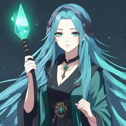 Generate a semi-realistic anime-style image of a human woman with long, cyan hair and water-green eyes, dressed in gothic fashion, who is a wizard