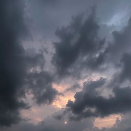 A gothic-inspired gloomy cloudy sunset sky, featuring a dramatic array of dark gray and charcoal clouds swirling ominously