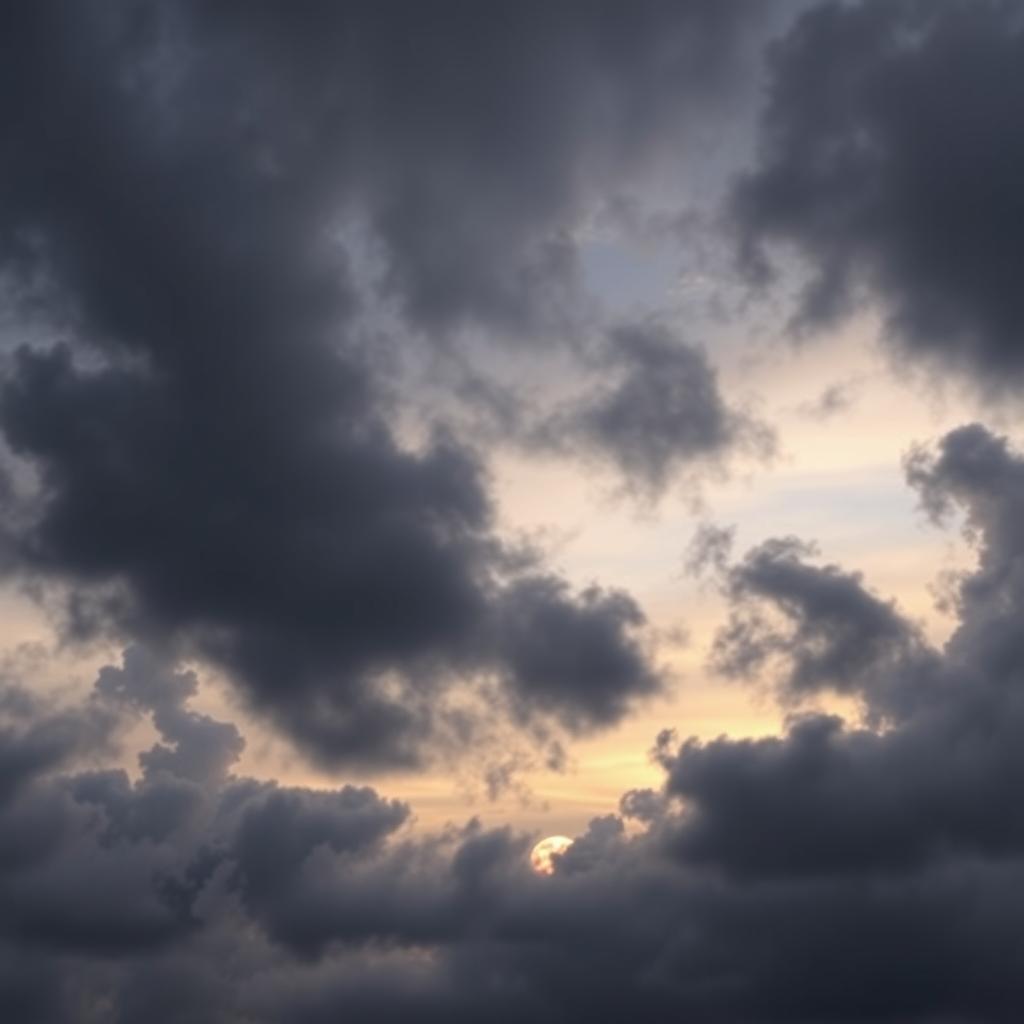 A gothic-inspired gloomy cloudy sunset sky, featuring a dramatic array of dark gray and charcoal clouds swirling ominously