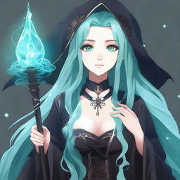 Generate a semi-realistic anime-style image of a human woman with long, cyan hair and water-green eyes, dressed in gothic fashion, who is a wizard