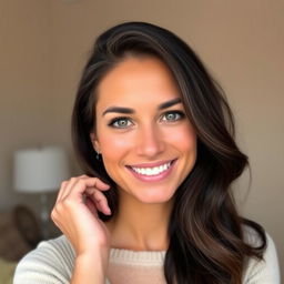 A beautiful 36-year-old woman from the USA with dark hair, minimal makeup, a lovely figure, hazel eyes, and a sunny smile