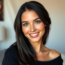 A beautiful 36-year-old woman from the USA with dark hair, minimal makeup, a lovely figure, hazel eyes, and a sunny smile