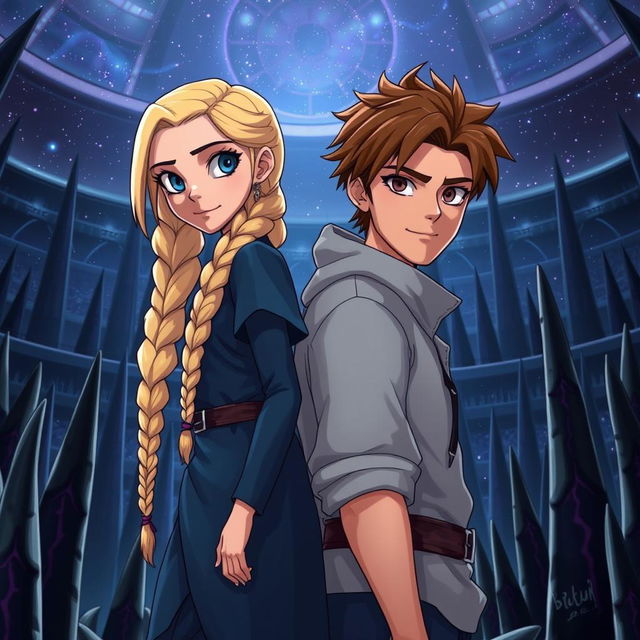 A beautiful tall girl with long blonde braids and striking blue eyes, standing back-to-back with a handsome boy who has chestnut brown hair and grey eyes