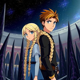 A beautiful tall girl with long blonde braids and striking blue eyes, standing back-to-back with a handsome boy who has chestnut brown hair and grey eyes