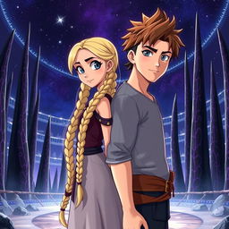 A beautiful tall girl with long blonde braids and striking blue eyes, standing back-to-back with a handsome boy who has chestnut brown hair and grey eyes