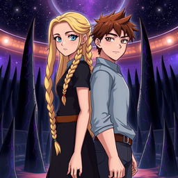 A beautiful tall girl with long blonde braids and striking blue eyes, standing back-to-back with a handsome boy who has chestnut brown hair and grey eyes