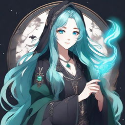 Generate a semi-realistic anime-style image of a human woman with long, cyan hair and water-green eyes, dressed in gothic fashion, who is a wizard