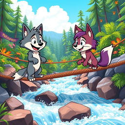 A lively cartoon scene featuring two cartoon wolves on a rope bridge that stretches over rushing water