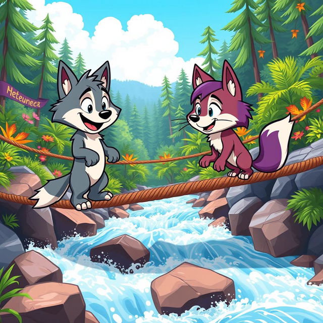 A lively cartoon scene featuring two cartoon wolves on a rope bridge that stretches over rushing water