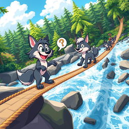 A lively cartoon scene featuring two cartoon wolves on a rope bridge that stretches over rushing water