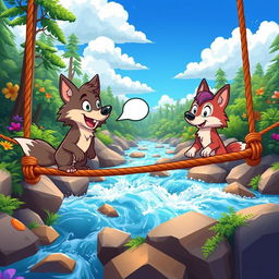A lively cartoon scene featuring two cartoon wolves on a rope bridge that stretches over rushing water