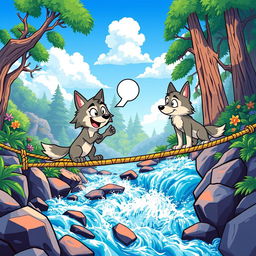 A lively cartoon scene featuring two cartoon wolves on a rope bridge that stretches over rushing water