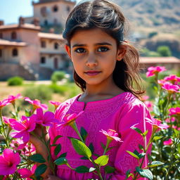 A stunning Iraqi girl with exotic features and captivating eyes, wearing a vibrant cultural dress in shades of pink