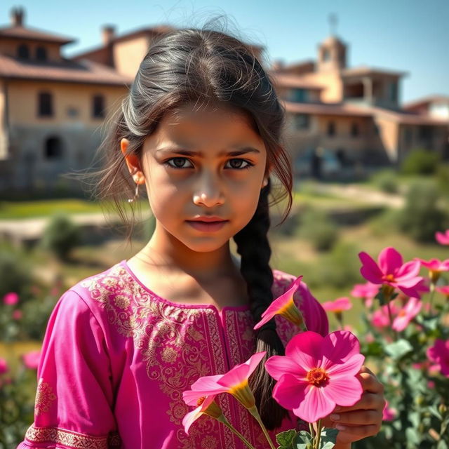 A stunning Iraqi girl with exotic features and captivating eyes, wearing a vibrant cultural dress in shades of pink