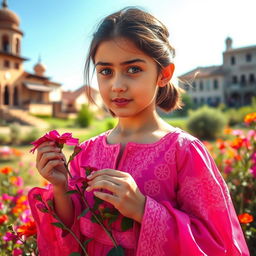 A stunning Iraqi girl with exotic features and captivating eyes, wearing a vibrant cultural dress in shades of pink