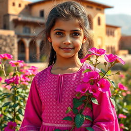 A stunning Iraqi girl with exotic features and captivating eyes, wearing a vibrant cultural dress in shades of pink