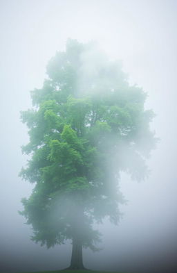 A majestic green tree, vibrant and full of life, standing tall in the midst of a dense, ethereal fog