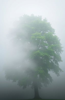 A majestic green tree, vibrant and full of life, standing tall in the midst of a dense, ethereal fog