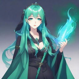 Generate a semi-realistic anime-style image of a human woman with long, cyan hair and water-green eyes, dressed in gothic fashion, who is a wizard