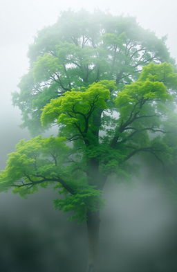A majestic green tree, vibrant and full of life, standing tall in the midst of a dense, ethereal fog