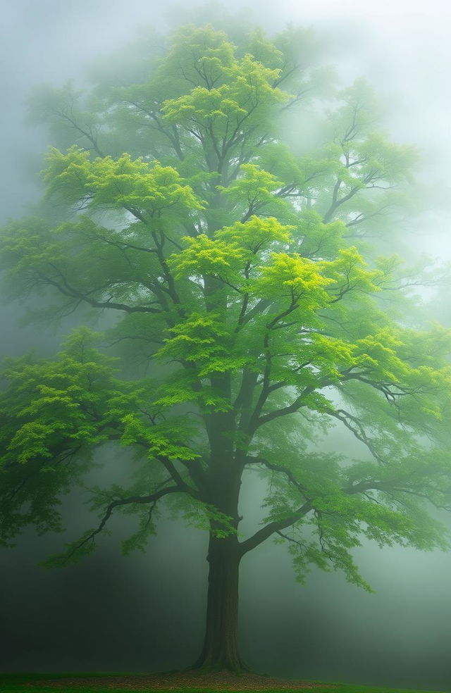 A majestic green tree, vibrant and full of life, standing tall in the midst of a dense, ethereal fog