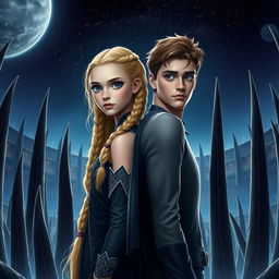 A stunning tall girl with long blonde braids and captivating blue eyes, standing back-to-back with a handsome boy who has chestnut brown hair and striking grey eyes