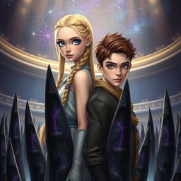 A stunning tall girl with long blonde braids and captivating blue eyes, standing back-to-back with a handsome boy who has chestnut brown hair and striking grey eyes
