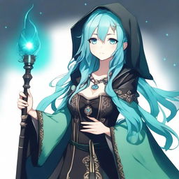 Generate a semi-realistic anime-style image of a human woman with long, cyan hair and water-green eyes, dressed in gothic fashion, who is a wizard