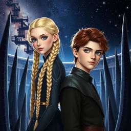 A stunning tall girl with long blonde braids and captivating blue eyes, standing back-to-back with a handsome boy who has chestnut hair and striking grey eyes