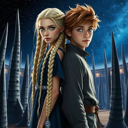 A stunning tall girl with long blonde braids and captivating blue eyes, standing back-to-back with a handsome boy who has chestnut hair and striking grey eyes