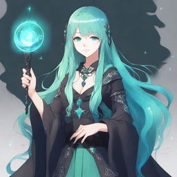 Generate a semi-realistic anime-style image of a human woman with long, cyan hair and water-green eyes, dressed in gothic fashion, who is a wizard