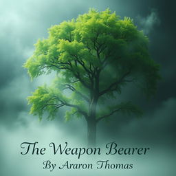 A majestic green tree, vibrant and full of life, standing tall in the midst of a dense, ethereal fog