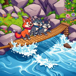 A colorful cartoon scene depicting cartoon wolves on a rope bridge that crosses over rushing water