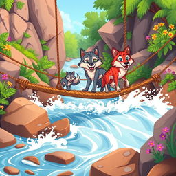 A colorful cartoon scene depicting cartoon wolves on a rope bridge that crosses over rushing water