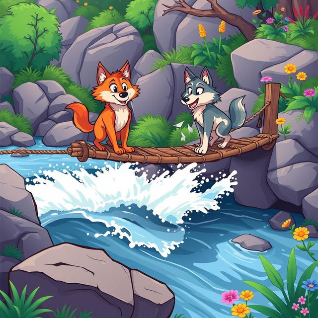 A colorful cartoon scene depicting cartoon wolves on a rope bridge that crosses over rushing water