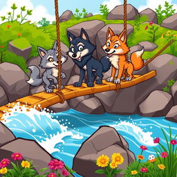 A colorful cartoon scene depicting cartoon wolves on a rope bridge that crosses over rushing water