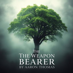 A captivating book cover design featuring a majestic green tree, lush and vibrant, surrounded by a mystical, dense fog