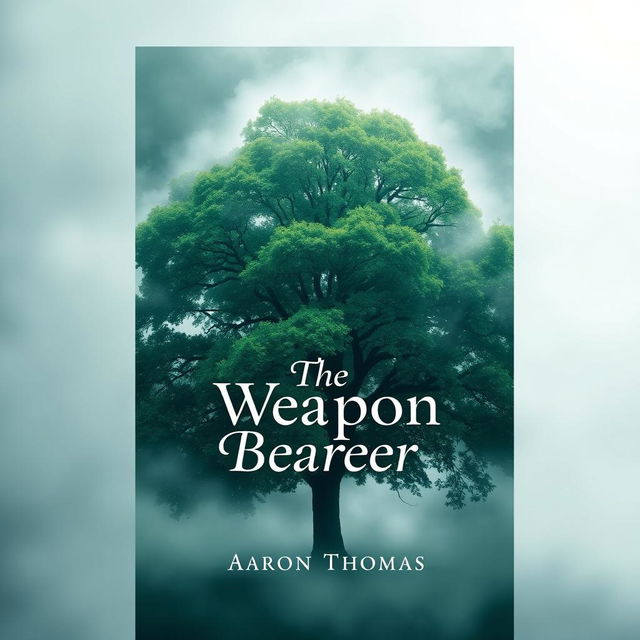 A captivating book cover design featuring a majestic green tree, lush and vibrant, surrounded by a mystical, dense fog