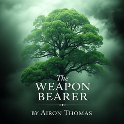 A captivating book cover design featuring a majestic green tree, lush and vibrant, surrounded by a mystical, dense fog